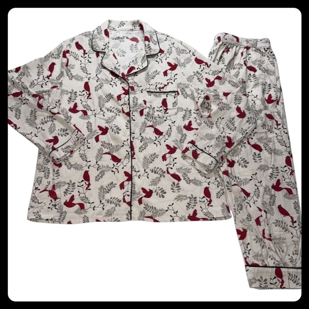 Kim Rogers Pajama Set Womens Large White Cardinal Bird Flannel Cotton Sleepwear